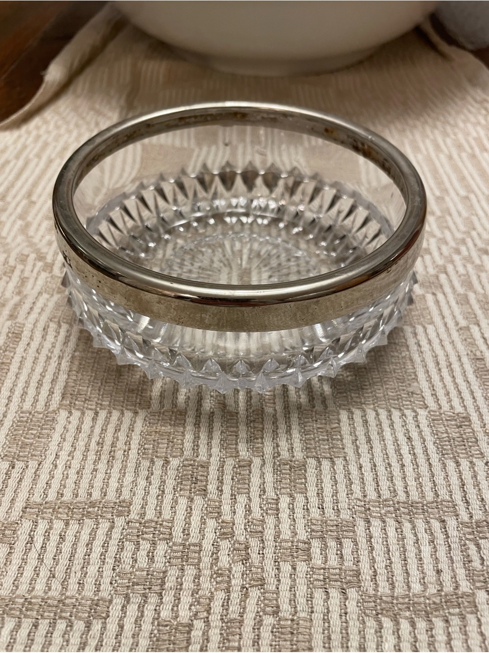 Vintage Cut Glass or Crystal Dish with Silver Rim